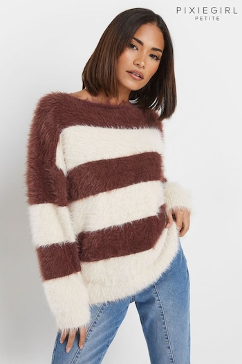 PixieGirl Petite Brown Stripe Feather Slash Neck Jumper (AK4082) | £39