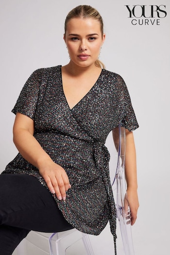 Yours Curve Black London Sequin Rainbow Wrap Top (AK4227) | £0