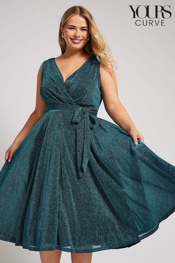 Yours Curve Green London Metallic Wrap Skater Dress (AK4440) | £60