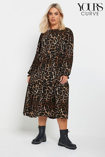 Yours Curve Brown Textured Midaxi Animal Print Frill Dress (AK4475) | £37