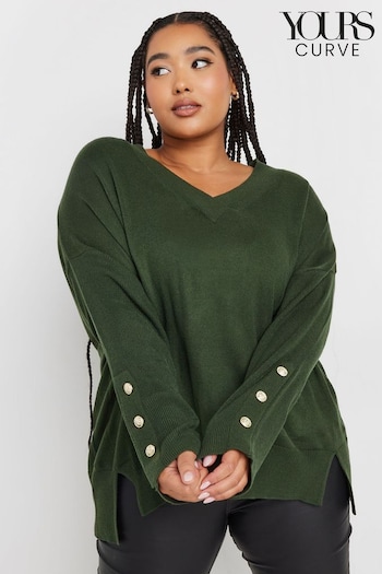 Yours Curve Green Button Sleeve Ribbed Jumper (AK4661) | £29