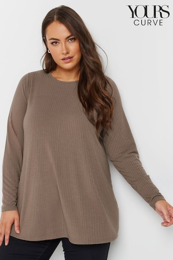 Yours Curve Brown Long Sleeve Rib Swing T-Shirt (AK4927) | £22