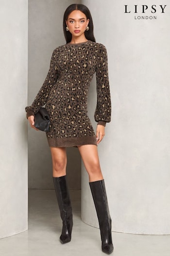 Neutral Leopard Print Fluffy Knit Midi Jumper Dress (AK5837) | £58