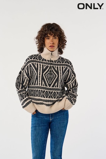 ONLY Natural Half Zip Patterned Aztec Knitted Pullover Jumper (AK6076) | £42