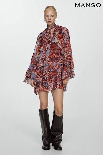 Mango Brown Ruffled Paisley-Print Dress (AK6295) | £60