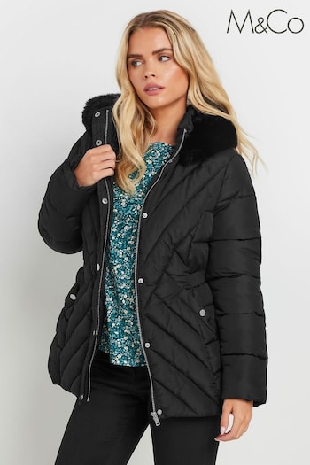 M&Co Black Petite Quilted Fur Hooded Coat (AK6315) | £65