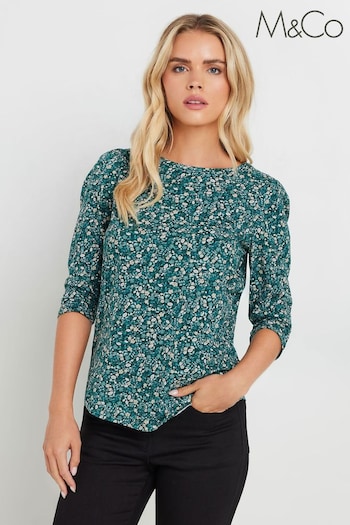 M&Co Blue Petite Floral 100% Cotton Top (AK6369) | £21