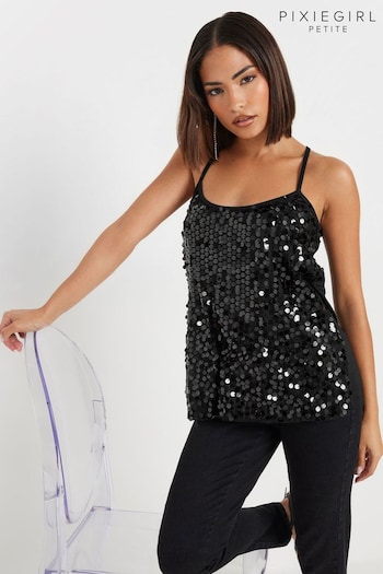 PixieGirl Petite Black Sequin Cross Back Cami Vest (AK6383) | £27