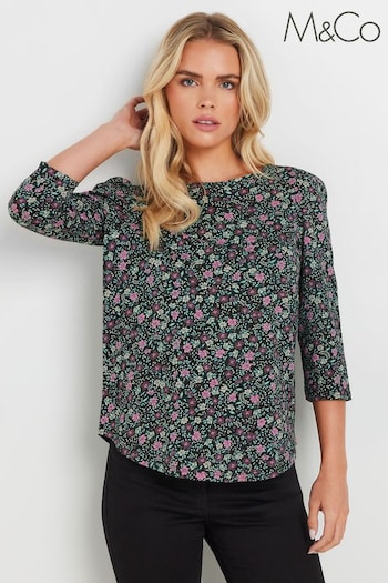 M&Co Black Petite Floral 100% Cotton Top (AK6420) | £21