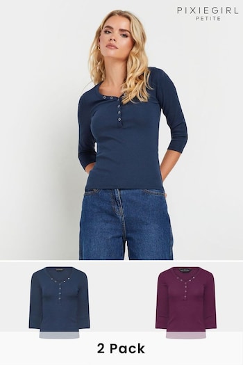 PixieGirl Petite Blue Long Sleeve Henley Tops 2 Pack (AK6449) | £39