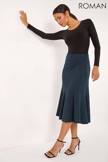 Roman Blue Flared Textured Midi Stretch Skirt (AK7458) | £35