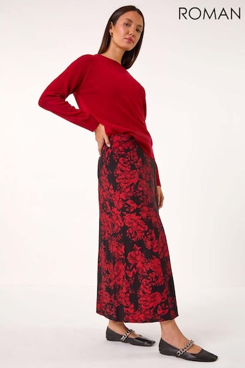 Roman Red Rose Print A-Line Midi Skirt (AK7461) | £42