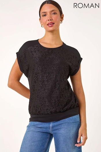 Roman Black Lace Panel Stretch Jersey Top (AK7504) | £35