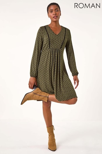 Roman Green Ditsy Lace Trim V-Neck Frill Dress (AK7597) | £42