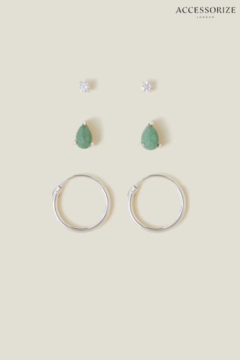 Accessorize Silver Tone Sterling Aventurine Stud and Hoop Earrings 3 Pack (AK8132) | £20