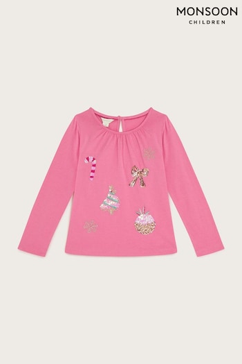 Monsoon Pink 100% Cotton Christmas Embellished Long Sleeve T-Shirt (AK9909) | £19 - £23