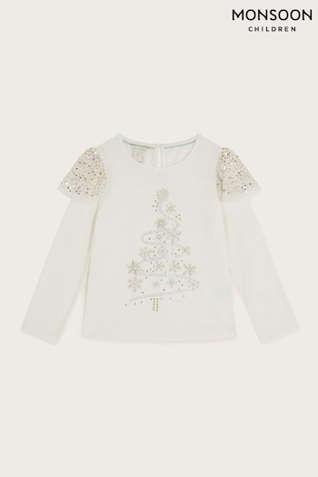 Monsoon Natural Long Sleeve Embellished Christmas Tree Top (AK9914) | £19 - £23