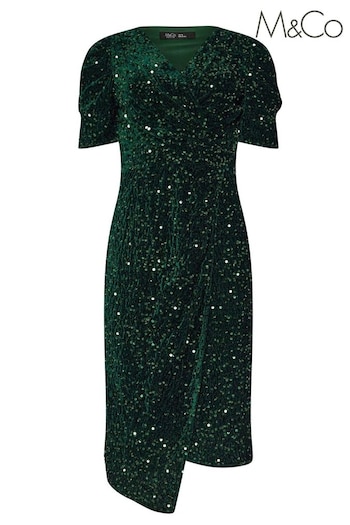 M&Co Green Petite Sequin Velvet Wrap Dress (AL0987) | £54