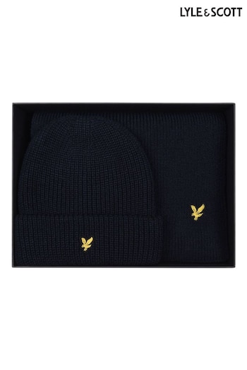 Lyle & Scott Blue Lambswool Ribbed Beanie & Scarf Set (AL2068) | £65