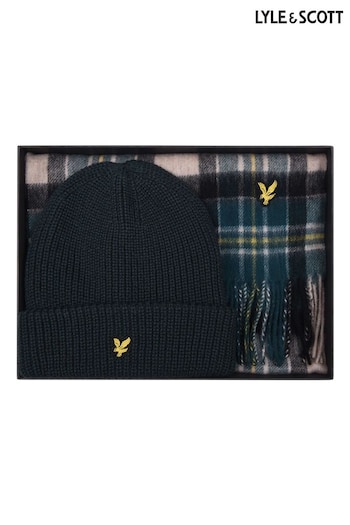 Lyle & Scott Blue Lambswool Blend Checked Scarf and Beanie Gift Set (AL2112) | £65