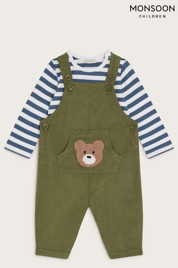 Monsoon Green Long Sleeve Top and Bear Corduroy 100% Cotton Dungarees Set (AL2447) | £28