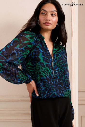 Love & Roses Green Animal Print Zip Front Mix Sheer Long Sleeve Blouse (AL2725) | £38