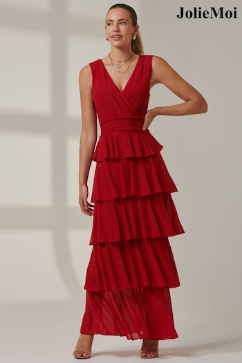 Jolie Moi Red Plain Tiered Mesh Maxi Dress (AL2806) | £95