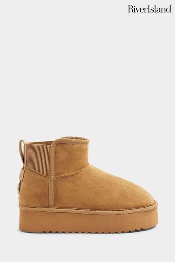 River Island Brown Amber Faux Fur Lined Elastic Back Boots (AL3101) | £36