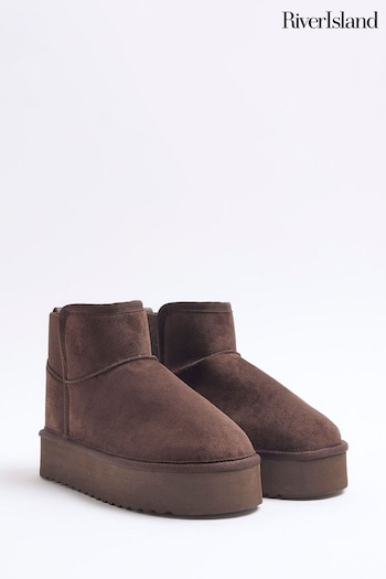 River Island Brown Faux Fur Lined Elastic Back Boots (AL3107) | £36