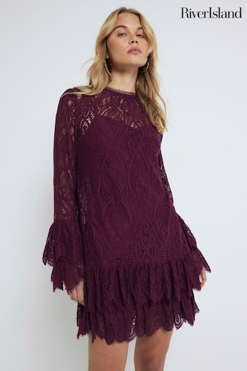 River Island Red Lace Tiered Shift Dress (AL3158) | £66