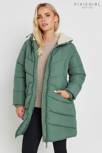 PixieGirl Petite Green Borg Hooded Midi Padded Coat (AL4050) | £80