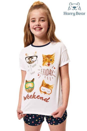 Harry Bear White Cat Weekend Short Pyjamas (AL5152) | £15