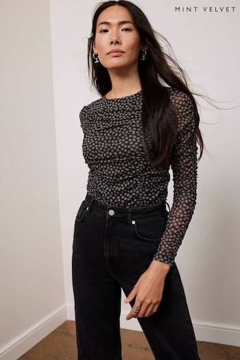 Mint Velvet Black Neutral Polka Dot Ruched Mesh Top (AL5179) | £59