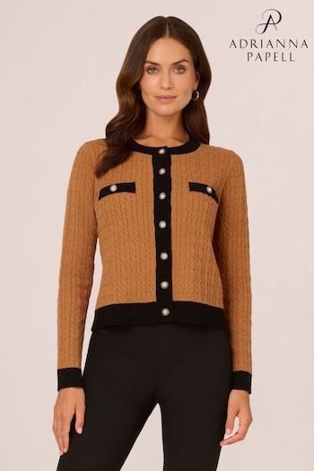 Adrianna Papell Lady Natural Like Crew Neck Contrast Cable Cardigan Sweater (AL5196) | £79