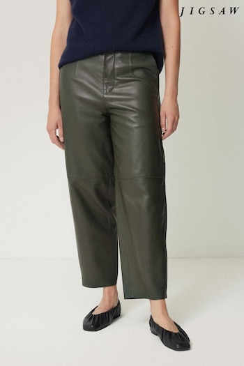 Jigsaw Green Leather Barrel Leg Trousers (AL5328) | £350