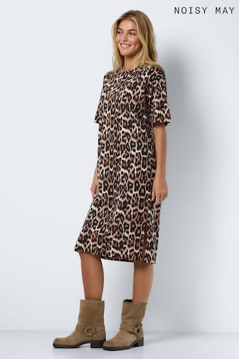 NOISY MAY Natural Leopard Print Oversized Midi T-Shirt Dress (AL6095) | £22