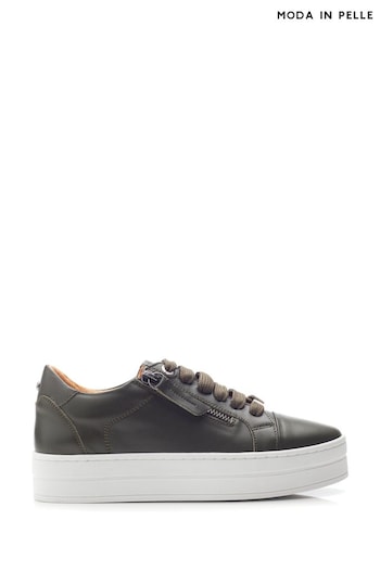 Moda in Pelle Green Abbiy Side Zip Lace up Chunky Leather Trainers (AL6155) | £89