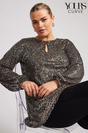 Yours Curve Gold London Sequin Keyhole Bellow Sleeve Top (AL6933) | £50