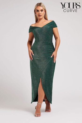 Yours Curve Green London Metallic Bardot Gathered Wrap Dress (AL6984) | £74