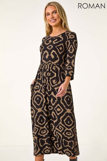 Roman Brown Petite Geo Print Gathered Midi Dress (AL7054) | £42