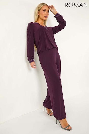 Roman Purple Petite Elastic Waist Wide Leg Stretch trousers Deona (AL7058) | £32