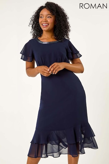 Roman Blue Petite Double Frill Midi Dress (AL7068) | £62