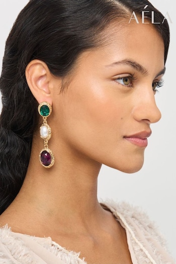 Aela Gold Tone Pearl And Multicolour Stone Drop Earrings (AL7128) | £15