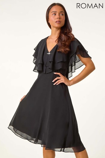 Roman Black Petite V-Neck Flare Trim Detail Cape Dress (AL7245) | £62