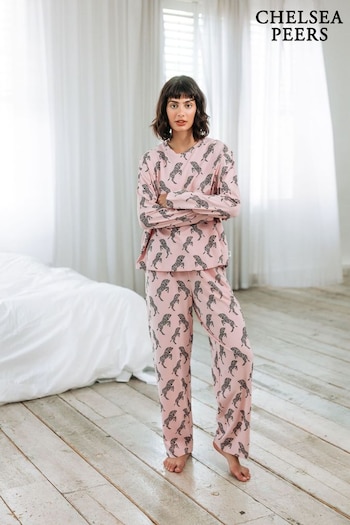 Chelsea Peers Pink Organic Cotton Jumping Zebra Print Long Pyjama Set (AL7277) | £48