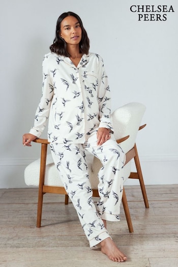 Chelsea Peers White Maternity Organic Cotton Giraffe Print Long Pyjama Set (AL7288) | £55