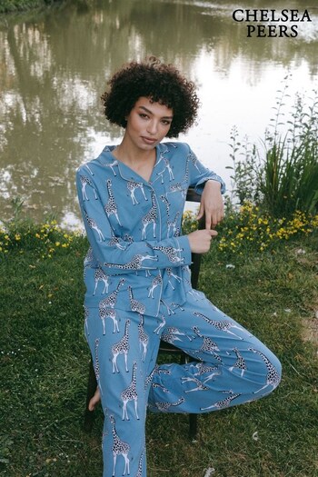 Chelsea Peers Blue Organic Cotton Giraffe Print Long Pyjama Set (AL7340) | £55