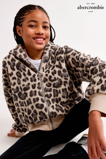 Abercrombie & Fitch Brown Leopard Print Sherpa Fleece Borg Hooded Zip-Up Jacket (AL7468) | £49 - £51