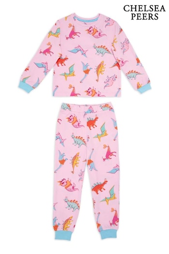 Chelsea Peers Pink Kids Dinosaur Print Long Pyjama Set (AL7689) | £28