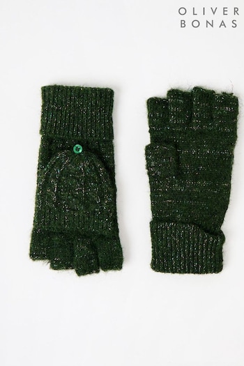 Oliver Bonas Khaki Green Sparkle Knitted Fingerless Mitten Gloves (AL7957) | £22